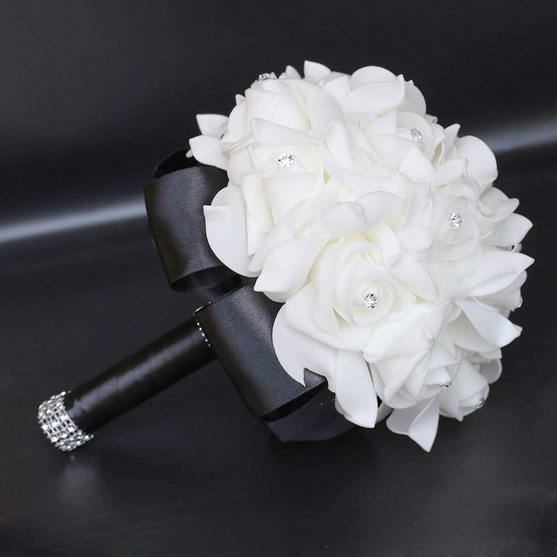 Flonding Wedding Bouquet, Black Bouquet for Bride Bridesmaid with Diamond Soft Ribbons, Artificial Rose Bridal Holding Flowers for Party Church - Image 2